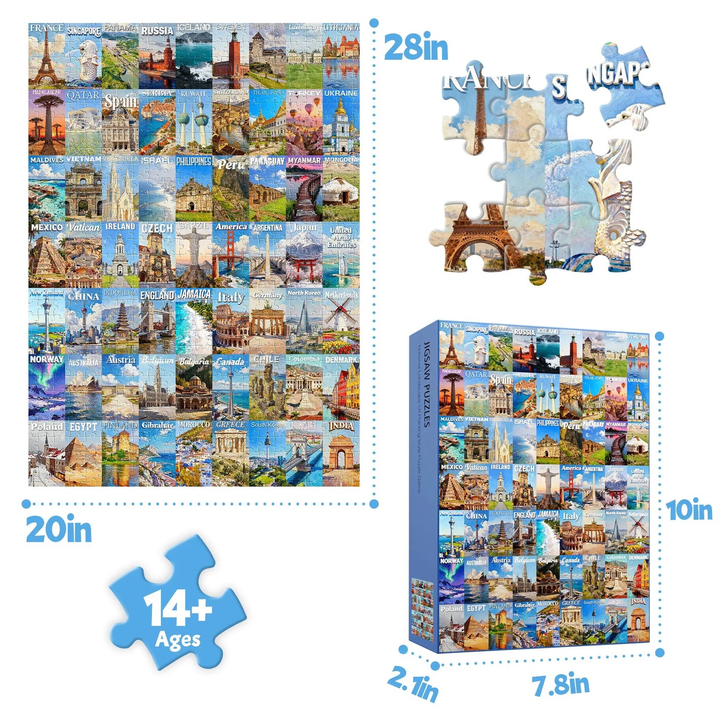 🧩1000 Piece Travel Puzzle for Adults – 63 World Wonders City Jigsaw Puzzle. Non-Glare Finish. Challenging Family Game & Gift Idea