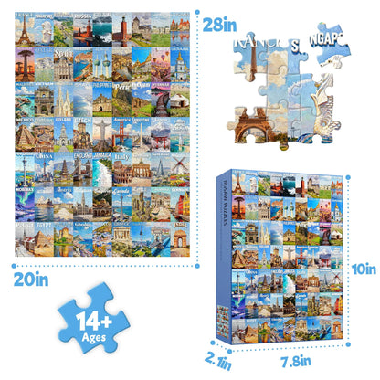 🧩1000 Piece Travel Puzzle for Adults – 63 World Wonders City Jigsaw Puzzle. Non-Glare Finish. Challenging Family Game & Gift Idea