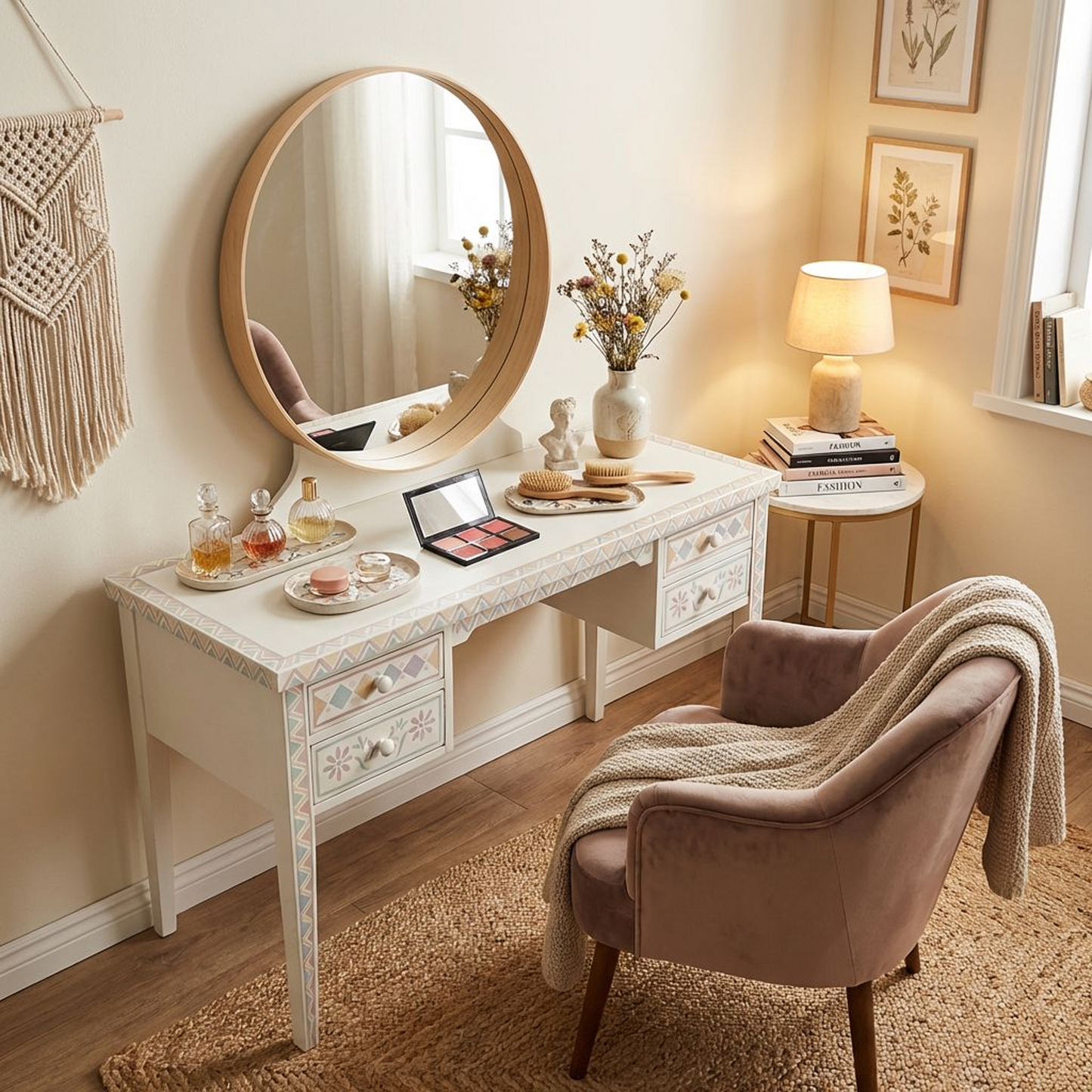 Vintage-Inspired Vanity Desk with Round Mirror