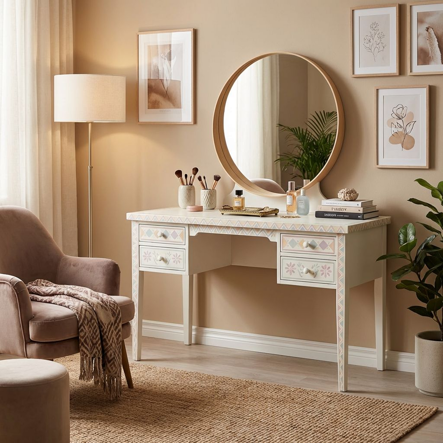 Vintage-Inspired Vanity Desk with Round Mirror