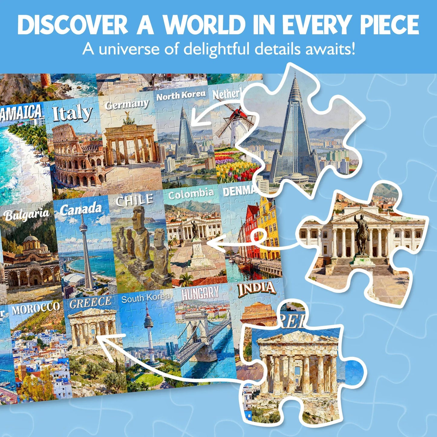 🧩1000 Piece Travel Puzzle for Adults – 63 World Wonders City Jigsaw Puzzle. Non-Glare Finish. Challenging Family Game & Gift Idea
