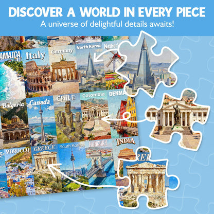 🧩1000 Piece Travel Puzzle for Adults – 63 World Wonders City Jigsaw Puzzle. Non-Glare Finish. Challenging Family Game & Gift Idea