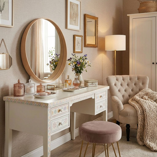 Vintage-Inspired Vanity Desk with Round Mirror