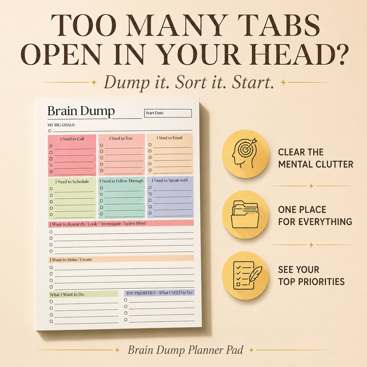 🔥 Brain Dump Planner Pad – Clear Your Mind, Organize Your Day & Focus on What Matters