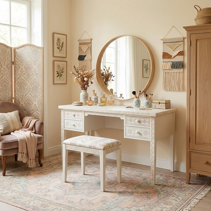 Vintage-Inspired Vanity Desk with Round Mirror