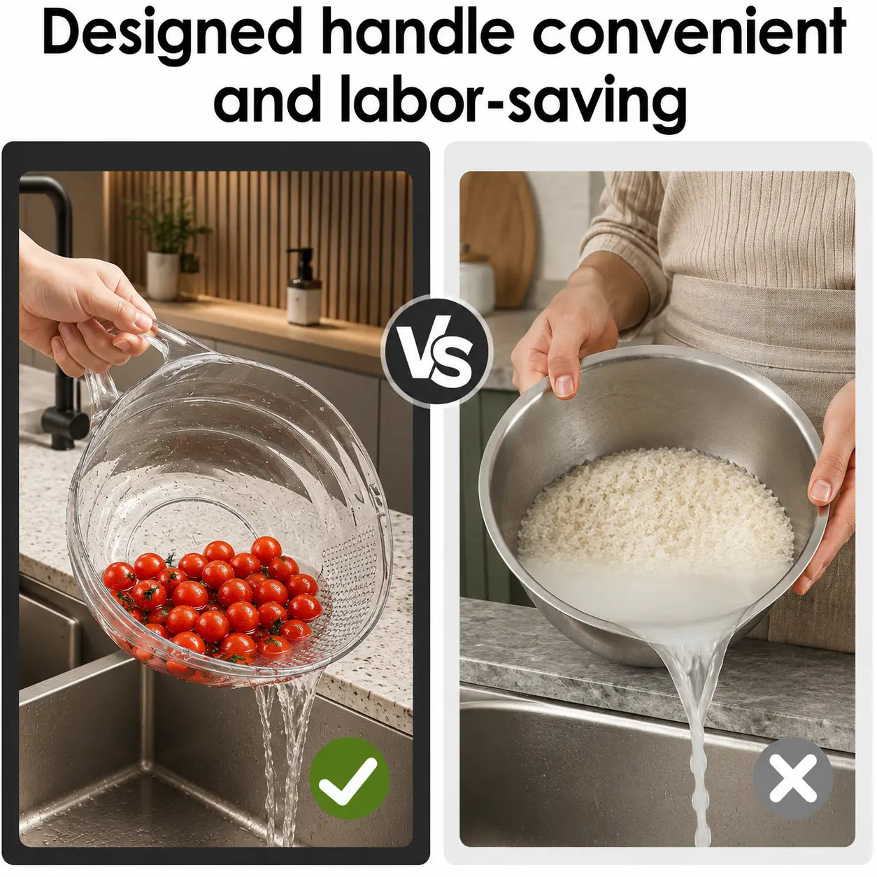 Multi-Functional Rice Strainer with Handle. BPA-Free Kitchen Colander
