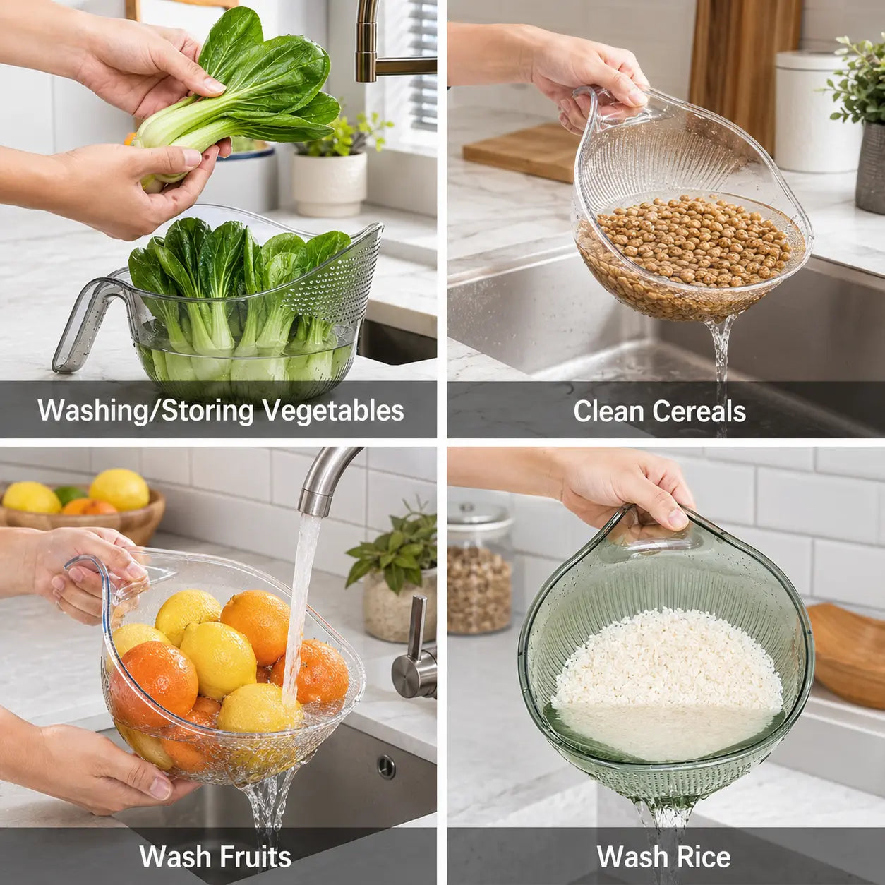 Multi-Functional Rice Strainer with Handle. BPA-Free Kitchen Colander