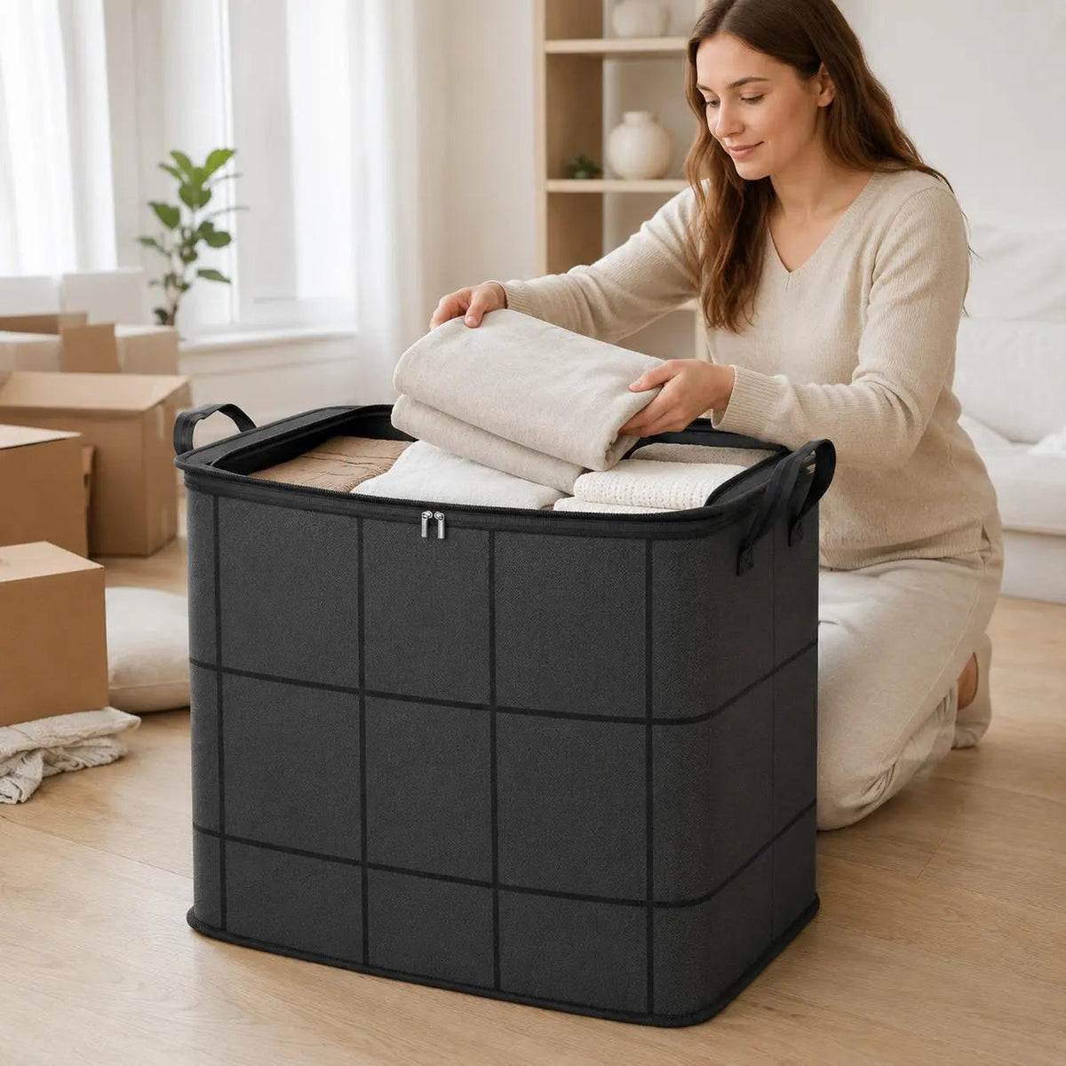 Large Foldable Storage Bag with Zipper Lid & Handles – Closet Organizer for Clothes, Blankets, Toys & Moving