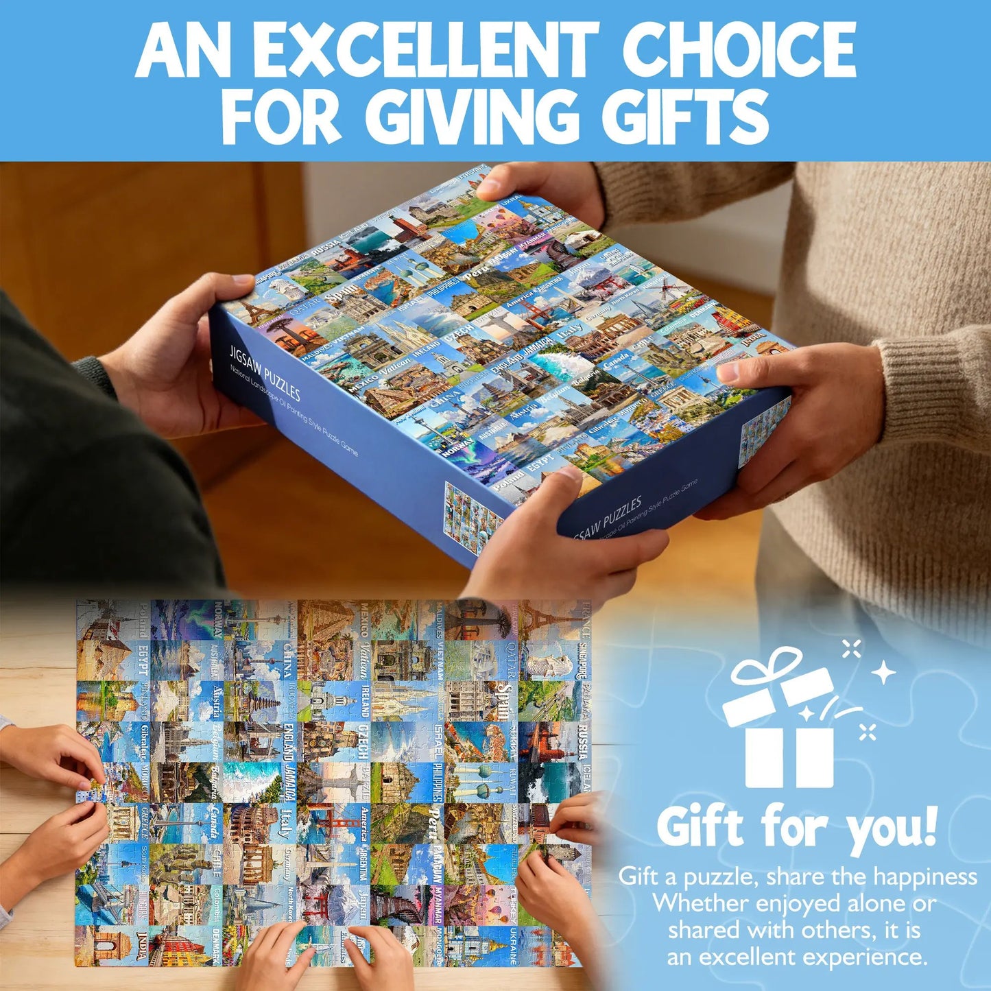 🧩1000 Piece Travel Puzzle for Adults – 63 World Wonders City Jigsaw Puzzle. Non-Glare Finish. Challenging Family Game & Gift Idea