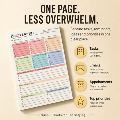 🔥 Brain Dump Planner Pad – Clear Your Mind, Organize Your Day & Focus on What Matters