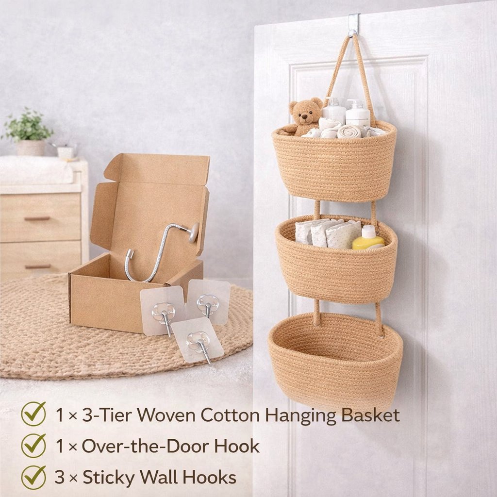 🧺Woven cotton 3-Tier Over the Door Basket. Wall-Mounted Jute Storage Organizer🔥