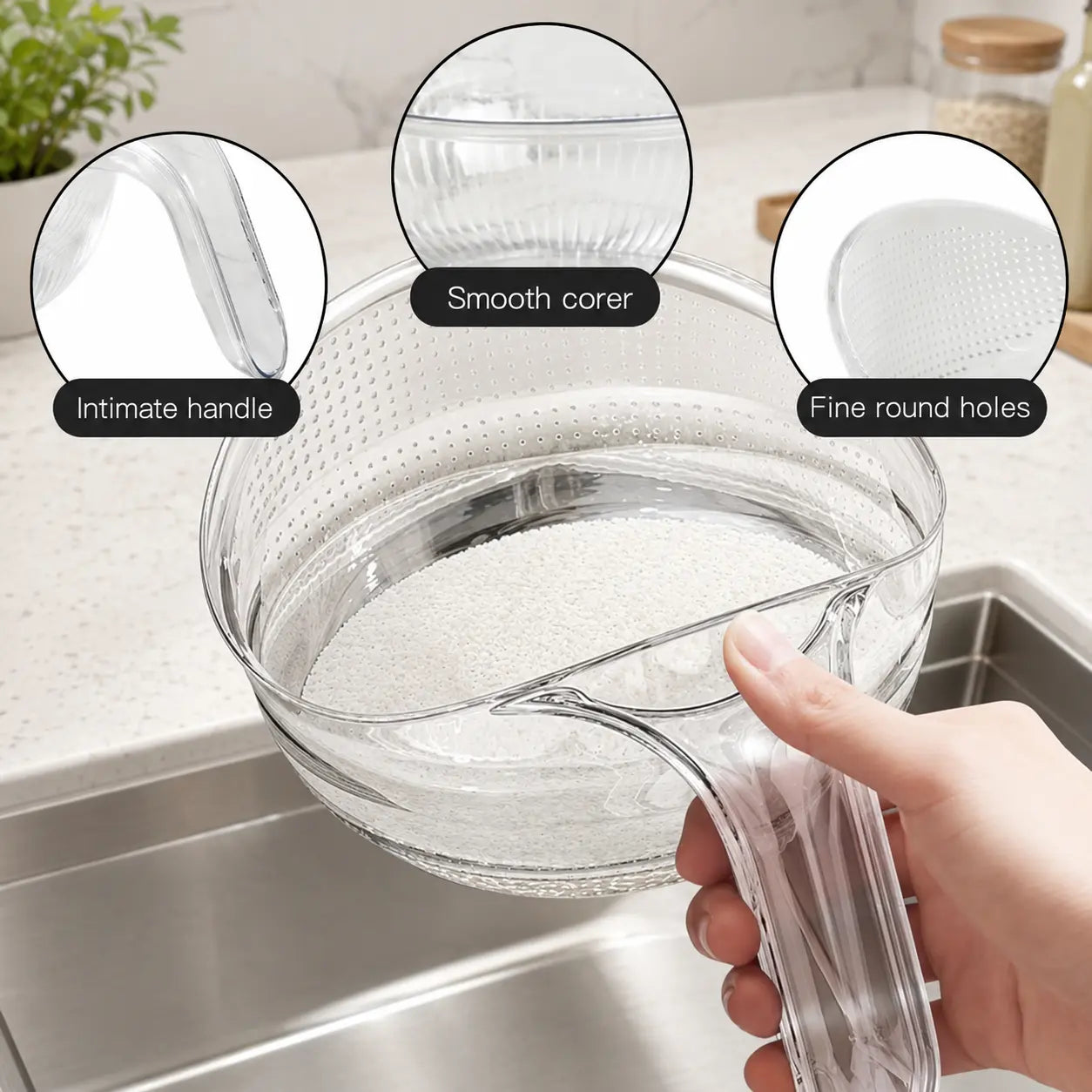 Multi-Functional Rice Strainer with Handle. BPA-Free Kitchen Colander