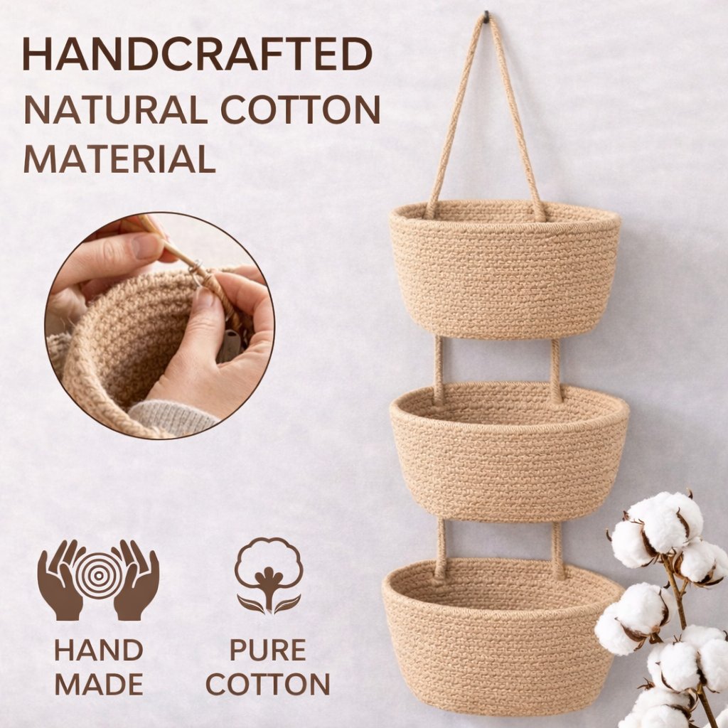 🧺Woven cotton 3-Tier Over the Door Basket. Wall-Mounted Jute Storage Organizer🔥