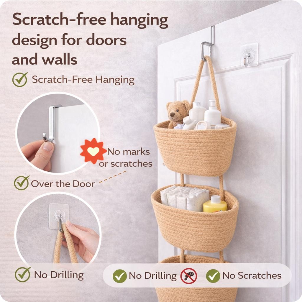 🧺Woven cotton 3-Tier Over the Door Basket. Wall-Mounted Jute Storage Organizer🔥
