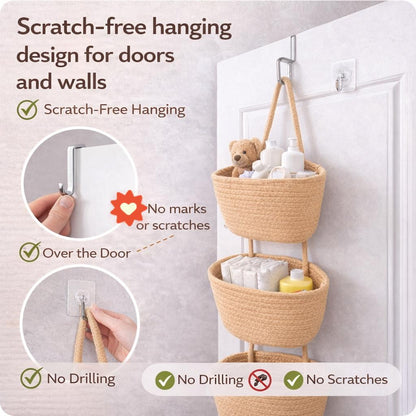 🧺Woven cotton 3-Tier Over the Door Basket. Wall-Mounted Jute Storage Organizer🔥