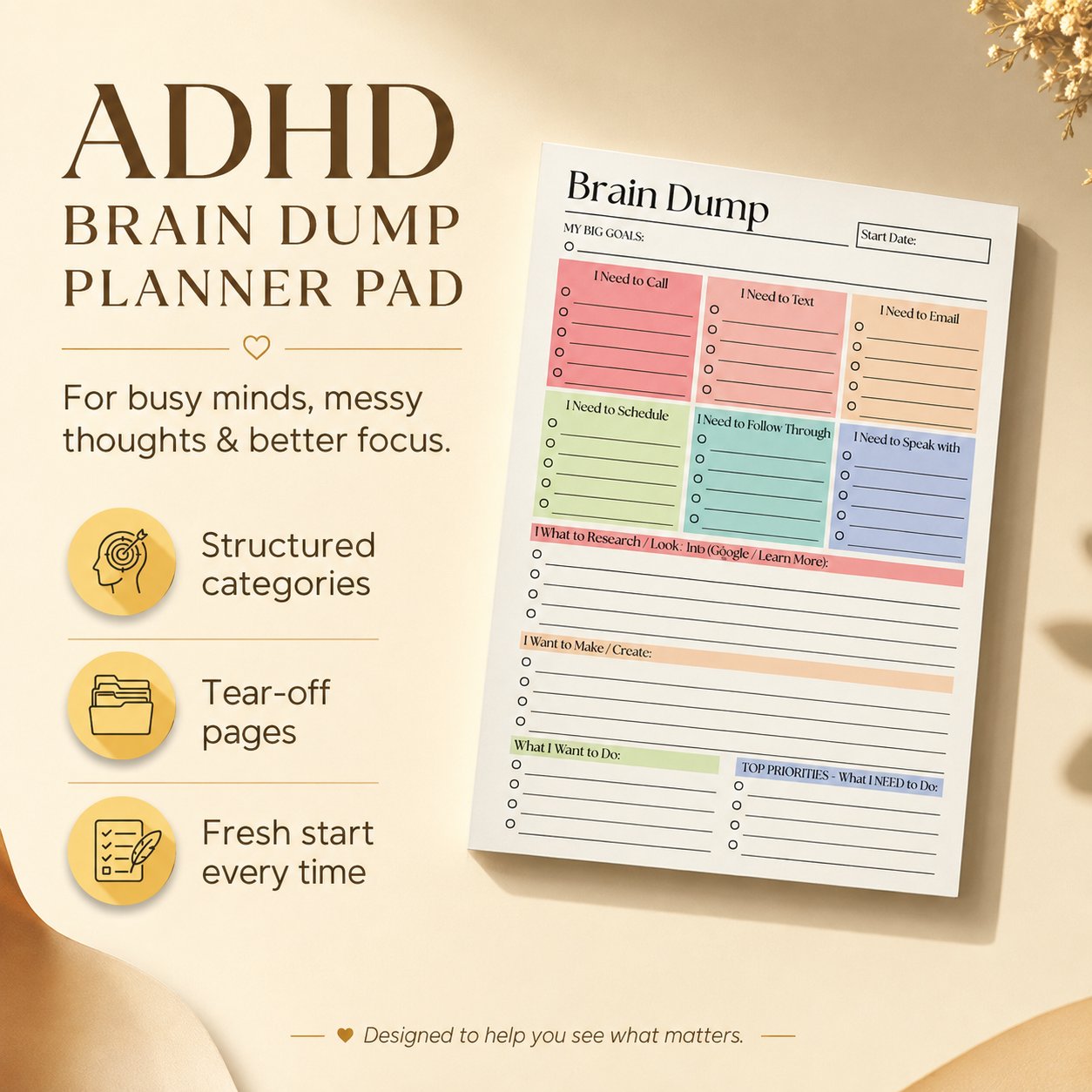 🔥 Brain Dump Planner Pad – Clear Your Mind, Organize Your Day & Focus on What Matters