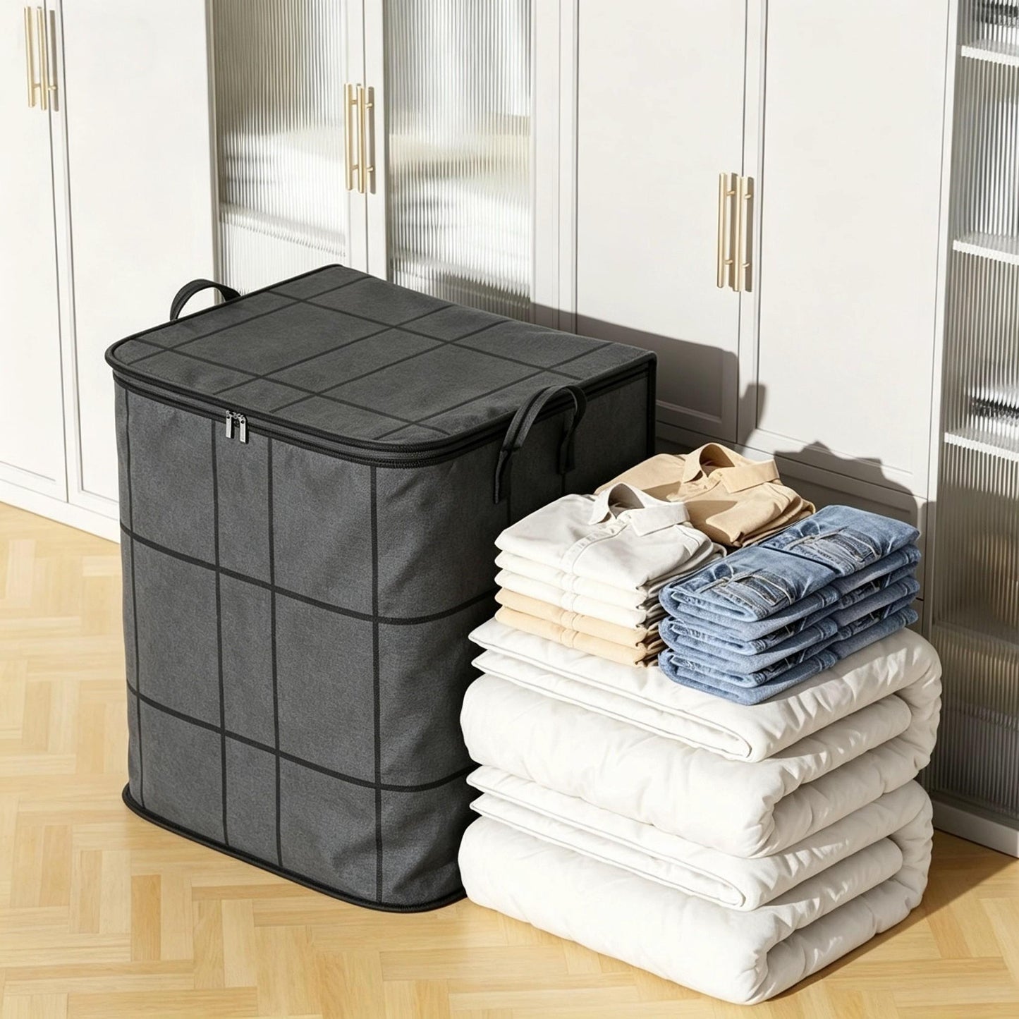Large Foldable Storage Bag with Zipper Lid & Handles – Closet Organizer for Clothes, Blankets, Toys & Moving