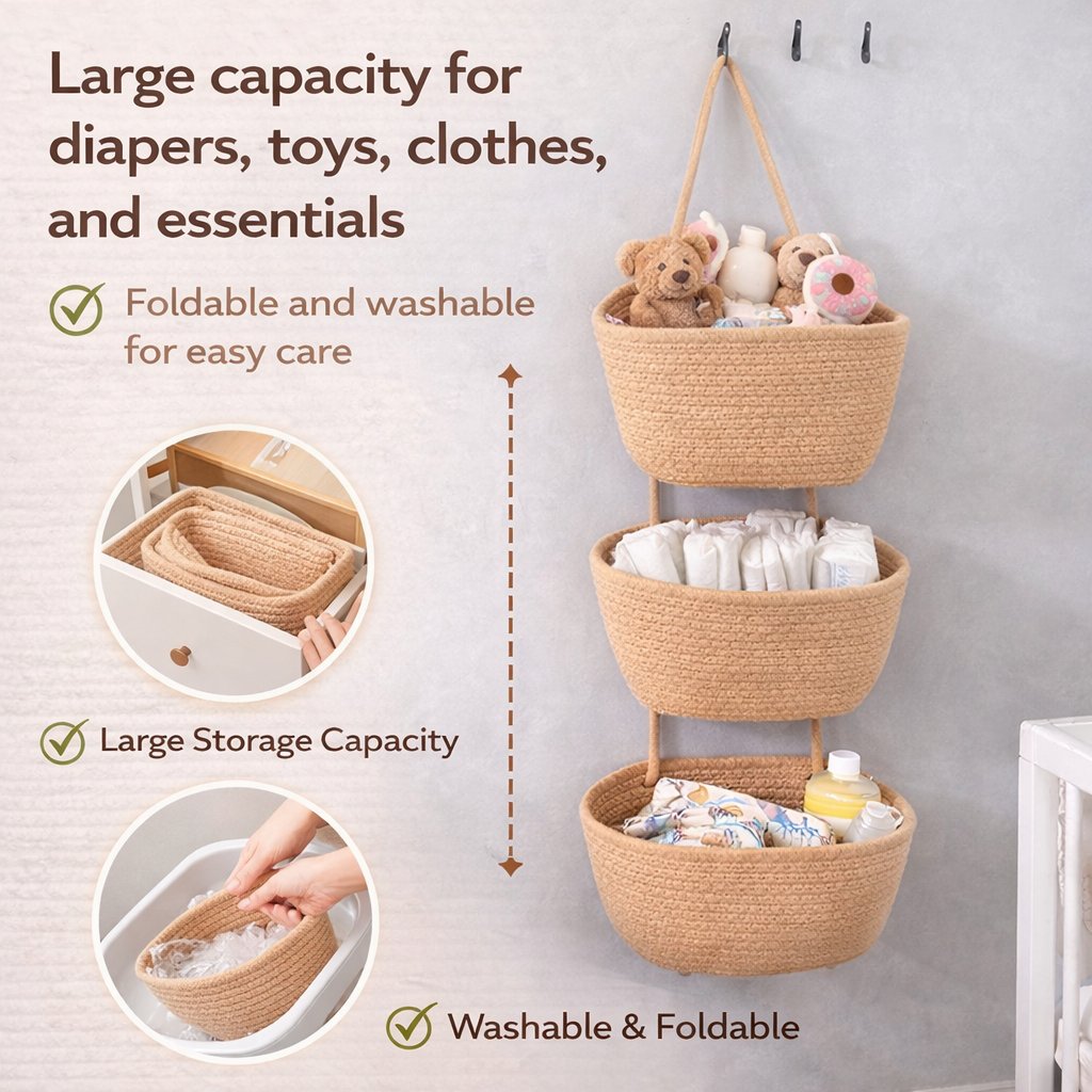 🧺Woven cotton 3-Tier Over the Door Basket. Wall-Mounted Jute Storage Organizer🔥